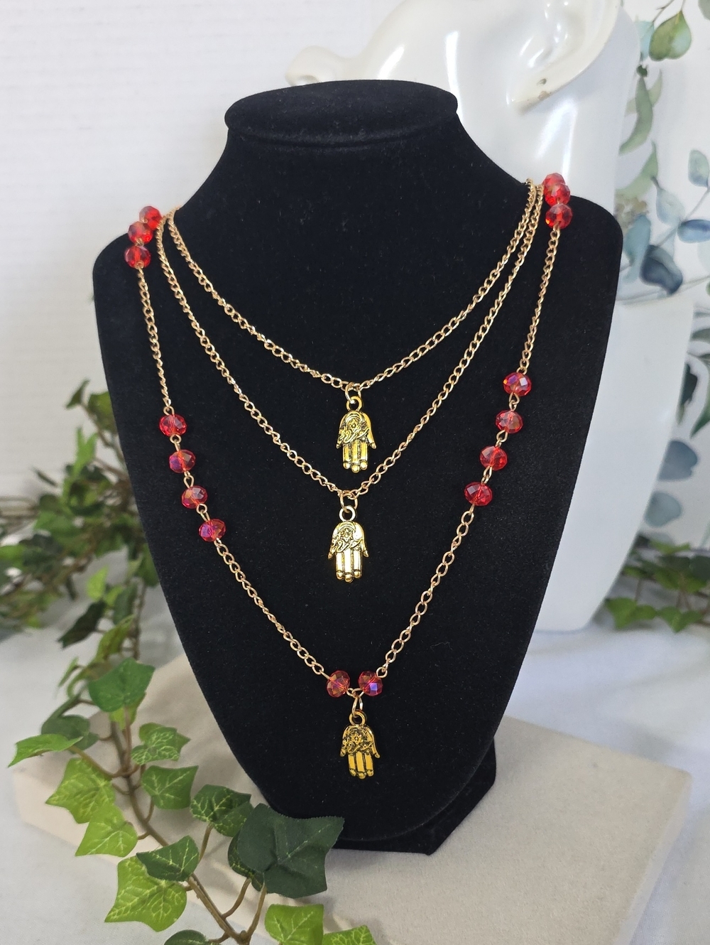 Gold Tone 3 Tier Layered Hamsa Necklace Red Faceted Bead Boho